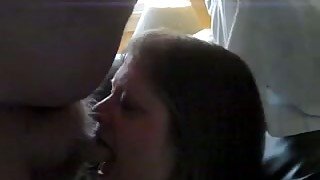 Chubby amateur chick sucks small cock standing on her knees