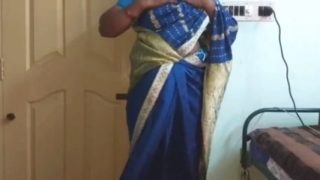 Desi north indian horny cheating wife vanitha wearing blue colour saree showing big boobs and shaved pussy press