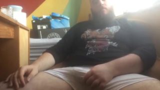 Bearded Guy Strokes His Fat Cock and Balls & Shoots Cum