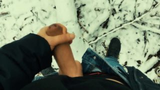 Young uncut big dick cumshot in the snow POV