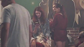 Naked woman in the club with bodyart. Prank