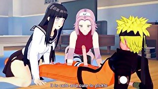 Naruto fuck Hinata and Sakura tight pussy threesome creampied