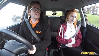 Ginger babe gives driving instructor a bright orgasm