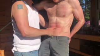 Hot sweaty blonde guy gets hard gutpunching in a shed