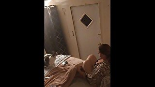 Beautiful white girl smokes in black night gown  with a roommate part 1