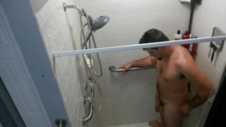 Morning piss in the shower half hard dick