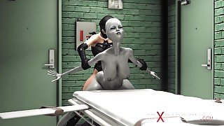 Female alien in a jail gets fucked hard by a hot dickgirl in a mask