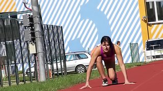 A hot track star finishes her workout by fucking her hairy pussy