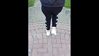 Step mom in black leggings doesn't wear panties get fucked on the street by nerdy step son