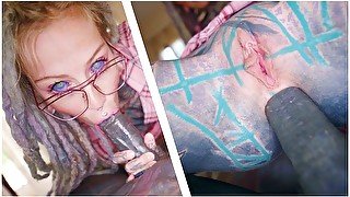 Nerdy TATTOO teen in glasses POV rough ANAL fuck - gape, deepthroat, facial cumshot