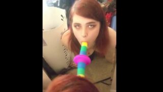 T-Girl MoxxiMewws sucks and fucks her dildo