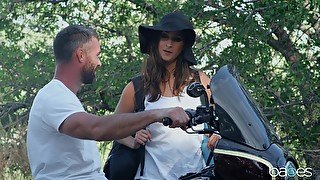 Motorcycle ride in the mountains ends with a cumshot on Ashley Adams