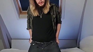 Sexy long haired teenager jerking off