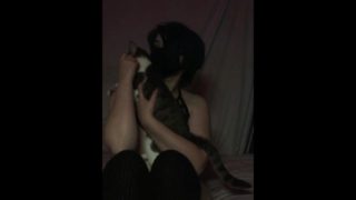 Young Edgy Emo Plays with Great Tits, Cat interrupts