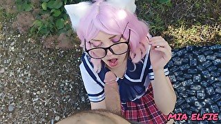 beautiful cute schoolgirl in a skirt and glasses walks and gives a passionate beautiful blowjob