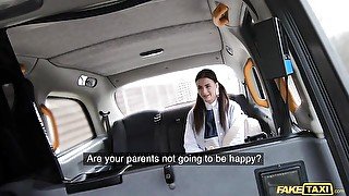 Hot ride with a sex-addicted slender teen Jenny Doll on the backseat