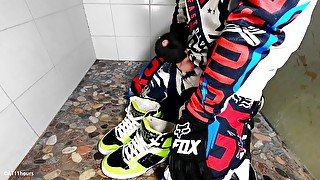 Mx blonde boy piss in his shoes and cum on it