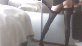 Flaunting my sissy ass and legs in wife's black stockings and dress