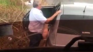 Fat old man gets caught on cam while drilling a ho outdoors