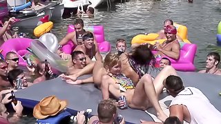 Guys gather in the lake to watch lesbian amateurs play