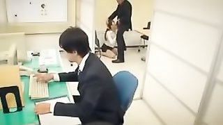 Cute Asian ponytailed new secretary gets gangbanged in the office