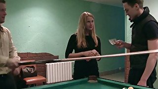 Trashy nympho in black stockings gets fucked on the billiard table