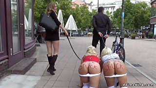 Large-Breasted blond hair ladies pissing on the street