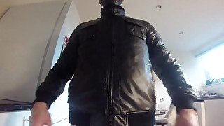 Cute Leather wearing kinkster jerks off and cums on cam