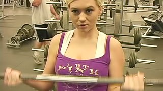 Lewd blonde Alison Angel flashes her natural boobs in a gym