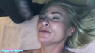 BBC stud jerks off two loads onto blonde milf cum whore covering with his hot cum