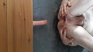 My very best ass fuck - straight guy takes huge dildo deep on floor, moans