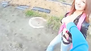 Jezebel in a pink bra loses her tight jeans to be fucked in the great outdoors.