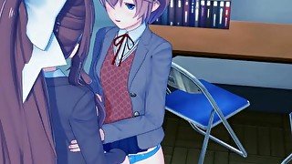 Sayori fucks Monika with a strapon in the club room - Doki Doki Literature Club hentai.