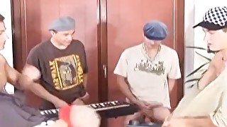 Four young studs making music with their cocks before sex