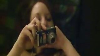 Cute brunette taking pictures of her pussy and giving blowjob