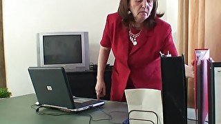 Granny and boys teen threesome in the office