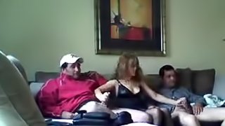 Sexy blonde prostitute takes on two dudes at once and gets her pussy rammed
