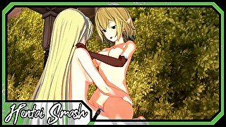 Ryuu Lion and Aiz Wallenstein have lesbian sex and strapon fuck in the garden - Danmachi Hentai.