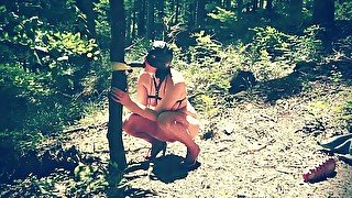 Obedient slut wife sucking dildo in forest and expose her self.