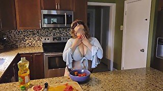 Slicing and crushing Food and RUBBING it into HUGE TITIED MILF Mistress Thursday