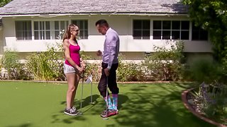 Slutty teen bitch sucking an older golf player's cock outdoors