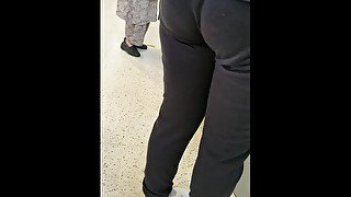 Step mom in leggings fucked behind the counter by step son near costumers