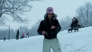 Cute pornstar takes us out for some fun in the snow