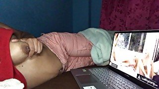 woman watching lesbian porn, moan cumming! hairy pussy masturbation