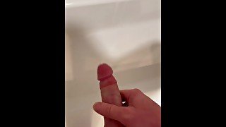 Straight white guy jerking a huge cumshot into the shower