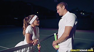 Horny hottie Megan Rain gets it good from a hung tennis pro