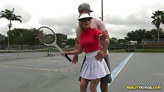 Fine and horny blonde milf on the tennis court picked up for crazy fuck