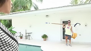 The pool guy does his work then fucks the busty home owner