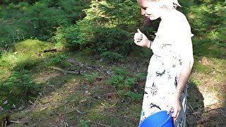 A pregnant girl with an egg gets a creampie in a deep forest while picking mushrooms