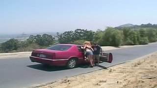Hitchhiking redhead gets double teamed in a roadside creek